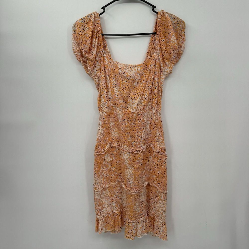Sim & Sam Medium Floral Mini Dress Womens Orange Smocked Tiered Ruffle‎ Puff
